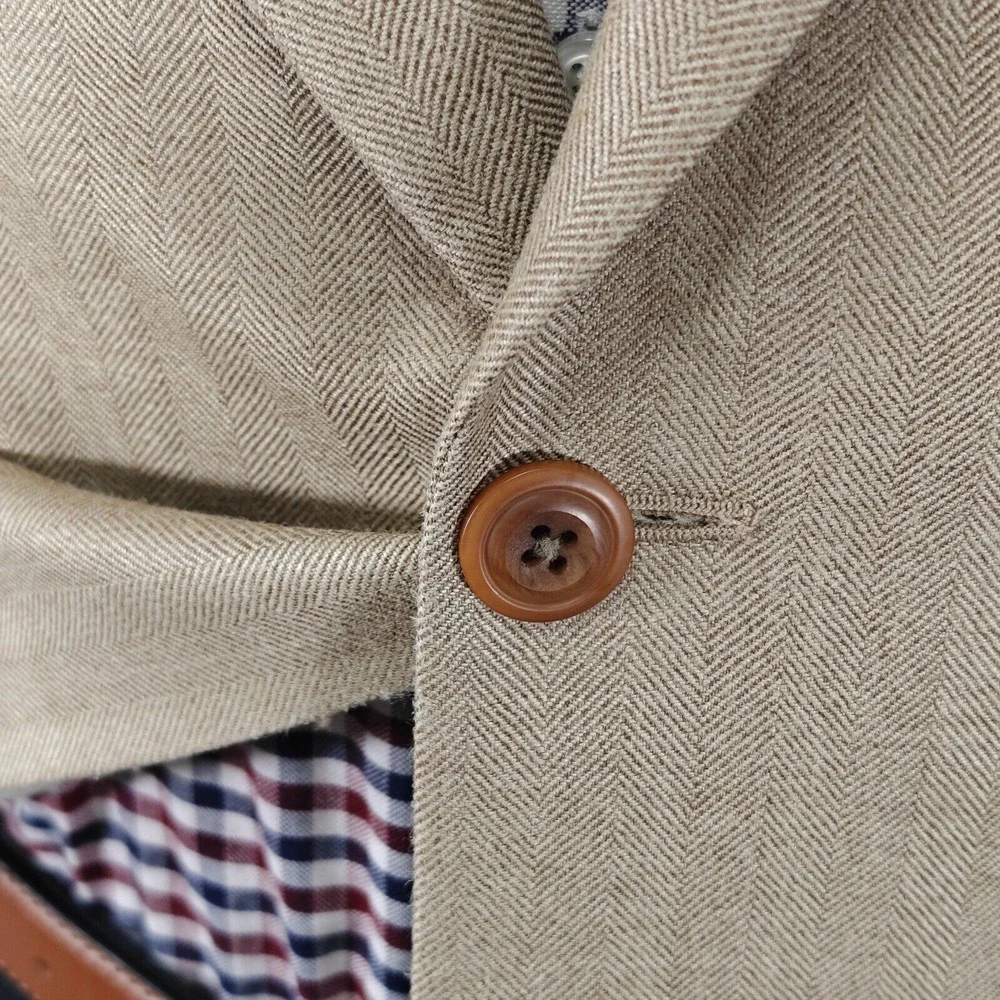 Kasper Men's Sport Coat Blazer‎ Two Button Beige Herringbone Silk Wool Size 44L